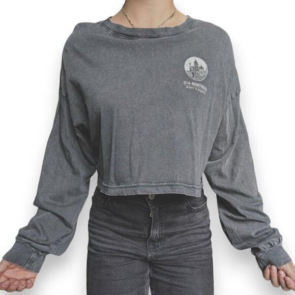 Garage Montreal Dark Grey Cuffed Long-Sleeve  Cropped Shirt Women Size M - Picture 1 of 8